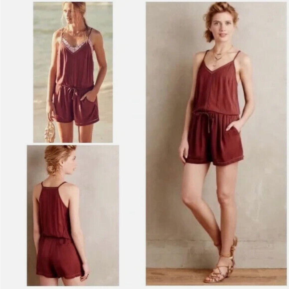 Anthropologie Lilka Nelisa Burgundy Wine Ladder Lace Detail Tank Romper Size LP